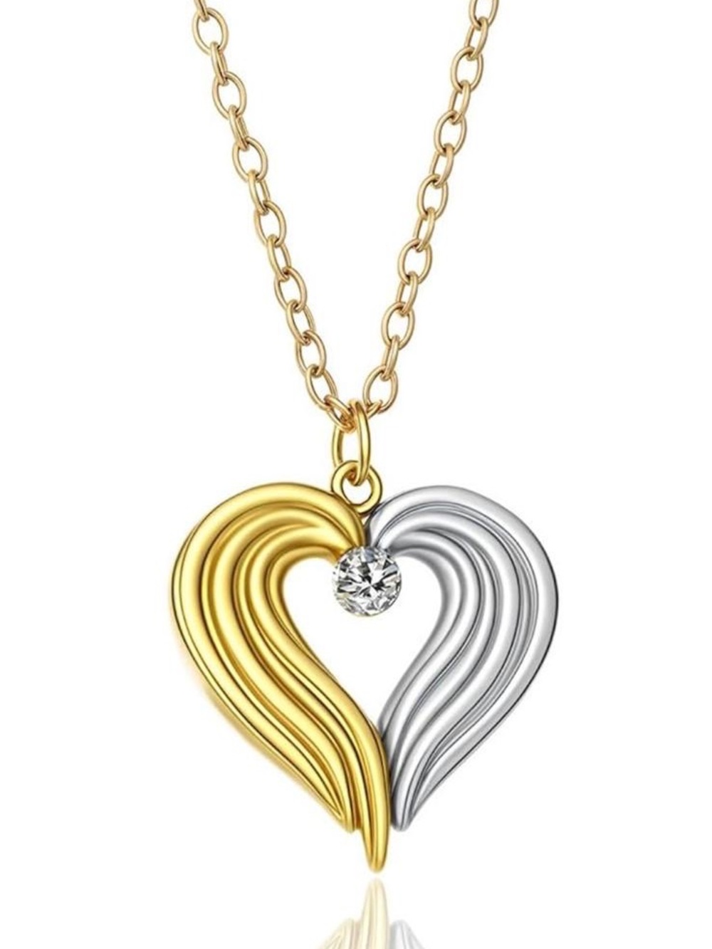 Anthropologie Two-Tone Gold & Silver Ripple Heart Pendant Necklace with Crystal